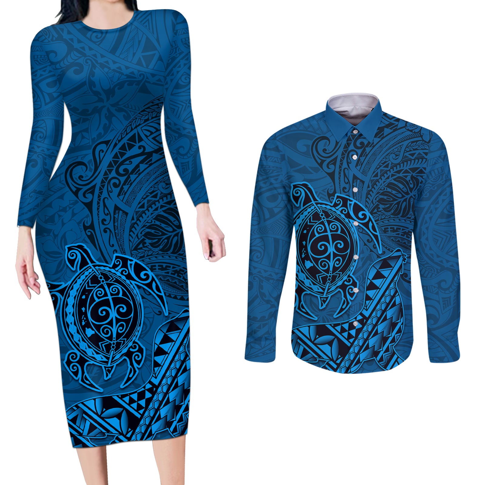 Hawaii Monk Seal and Dolphin Couples Matching Long Sleeve Bodycon Dress and Long Sleeve Button Shirt Polynesian Kakau Pattern Blue LT03 Blue - Polynesian Pride