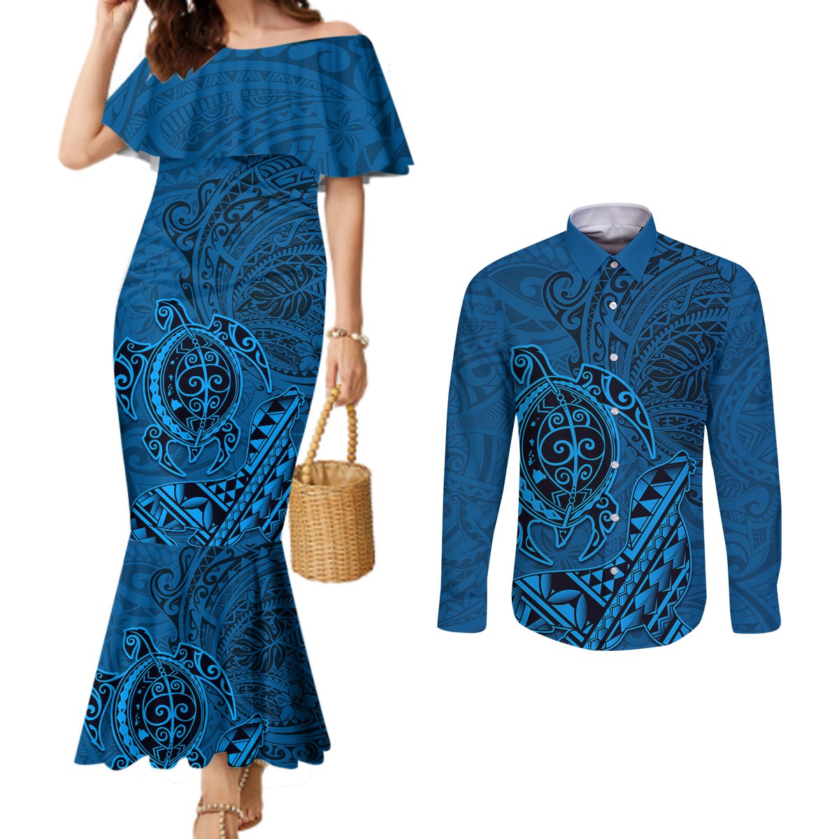 Hawaii Monk Seal and Dolphin Couples Matching Mermaid Dress and Long Sleeve Button Shirt Polynesian Kakau Pattern Blue LT03 Blue - Polynesian Pride