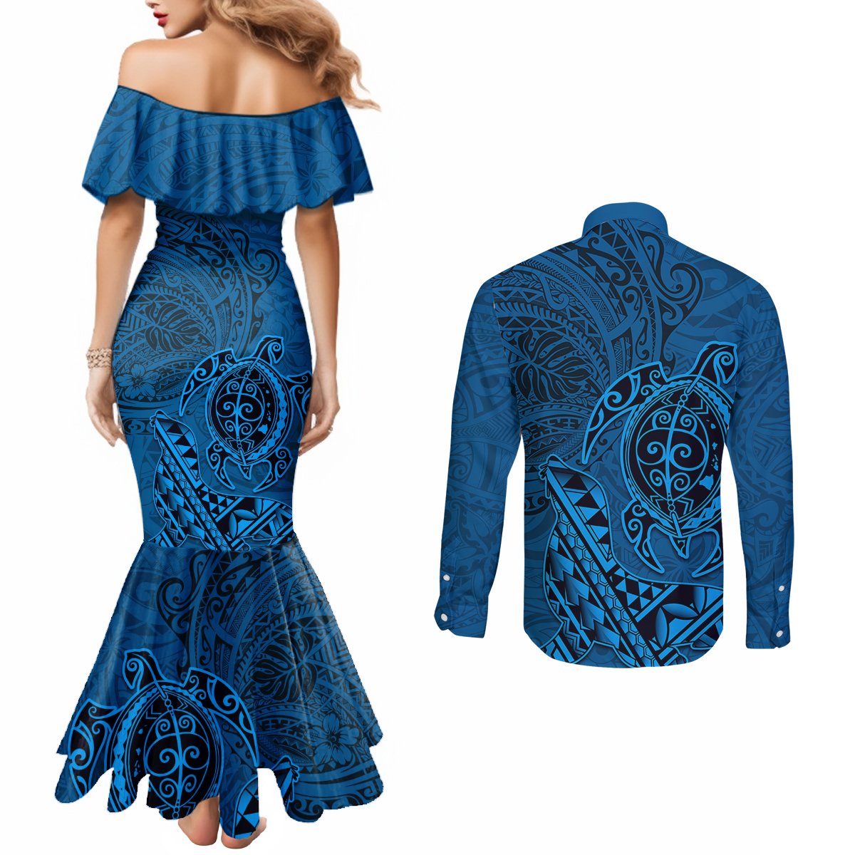 Hawaii Monk Seal and Dolphin Couples Matching Mermaid Dress and Long Sleeve Button Shirt Polynesian Kakau Pattern Blue LT03 - Polynesian Pride