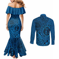 Hawaii Monk Seal and Dolphin Couples Matching Mermaid Dress and Long Sleeve Button Shirt Polynesian Kakau Pattern Blue LT03 - Polynesian Pride