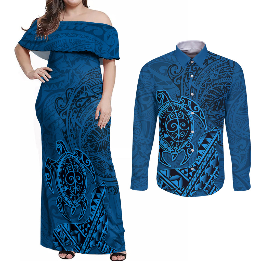 Hawaii Monk Seal and Dolphin Couples Matching Off Shoulder Maxi Dress and Long Sleeve Button Shirt Polynesian Kakau Pattern Blue LT03 Blue - Polynesian Pride