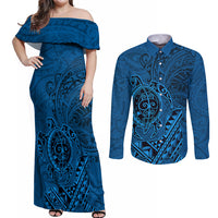 Hawaii Monk Seal and Dolphin Couples Matching Off Shoulder Maxi Dress and Long Sleeve Button Shirt Polynesian Kakau Pattern Blue LT03 Blue - Polynesian Pride