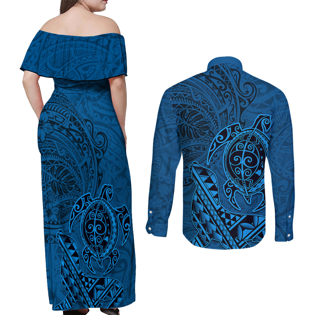 Hawaii Monk Seal and Dolphin Couples Matching Off Shoulder Maxi Dress and Long Sleeve Button Shirt Polynesian Kakau Pattern Blue LT03 - Polynesian Pride