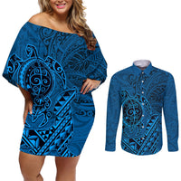 Hawaii Monk Seal and Dolphin Couples Matching Off Shoulder Short Dress and Long Sleeve Button Shirt Polynesian Kakau Pattern Blue LT03 Blue - Polynesian Pride