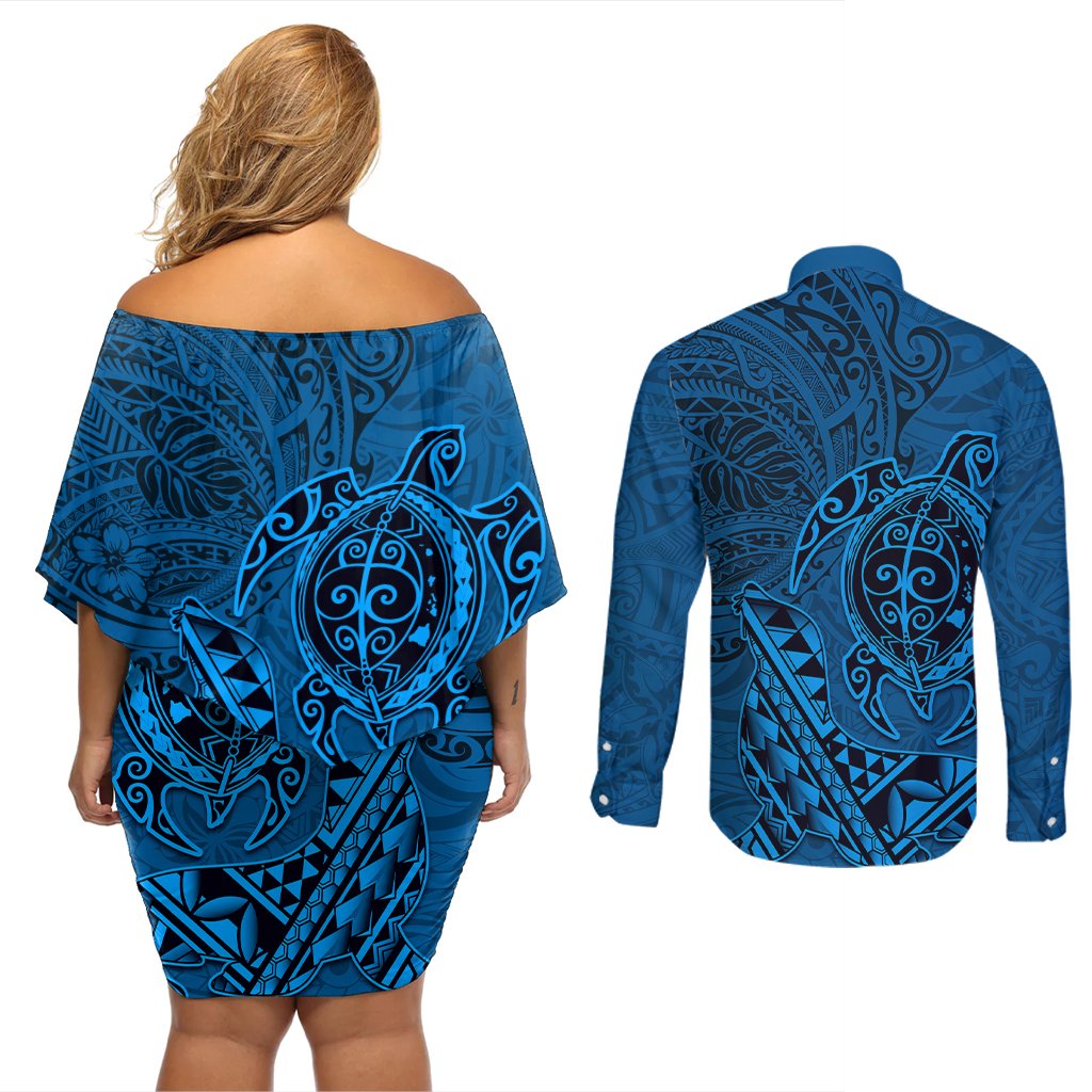 Hawaii Monk Seal and Dolphin Couples Matching Off Shoulder Short Dress and Long Sleeve Button Shirt Polynesian Kakau Pattern Blue LT03 - Polynesian Pride