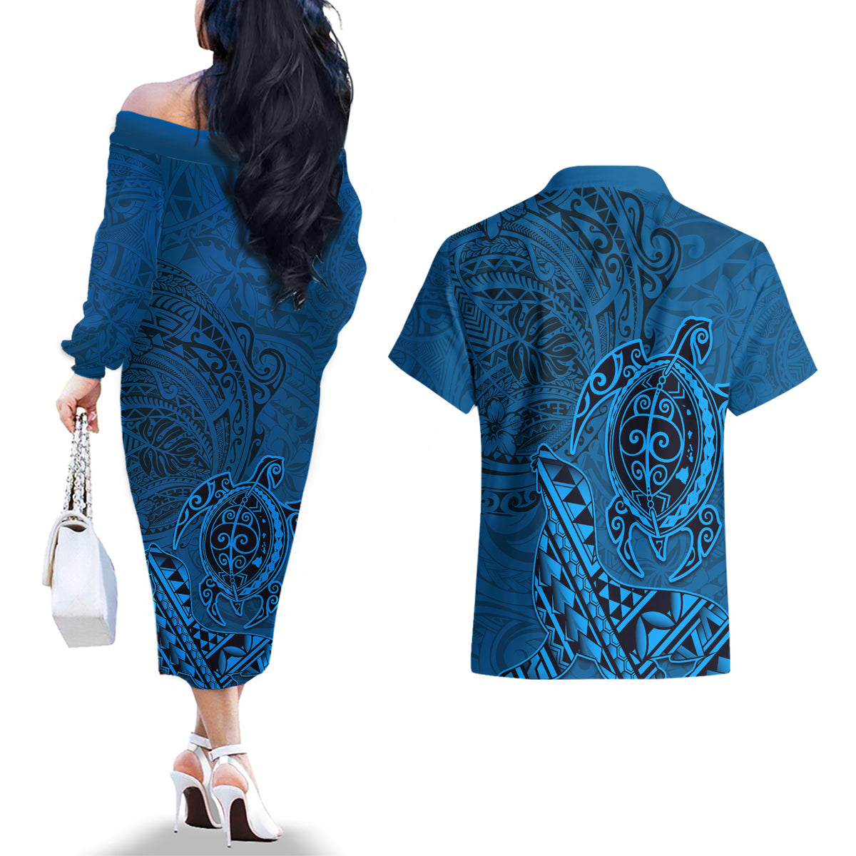 Hawaii Monk Seal and Dolphin Couples Matching Off The Shoulder Long Sleeve Dress and Hawaiian Shirt Polynesian Kakau Pattern Blue LT03 - Polynesian Pride
