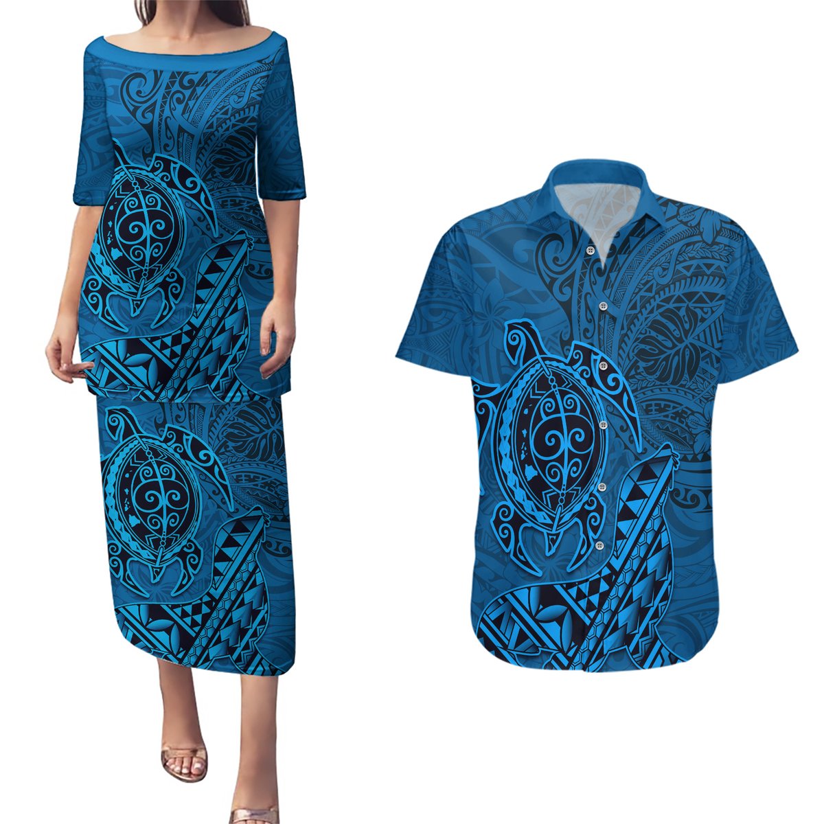 Hawaii Monk Seal and Dolphin Couples Matching Puletasi and Hawaiian Shirt Polynesian Kakau Pattern Blue LT03 Blue - Polynesian Pride