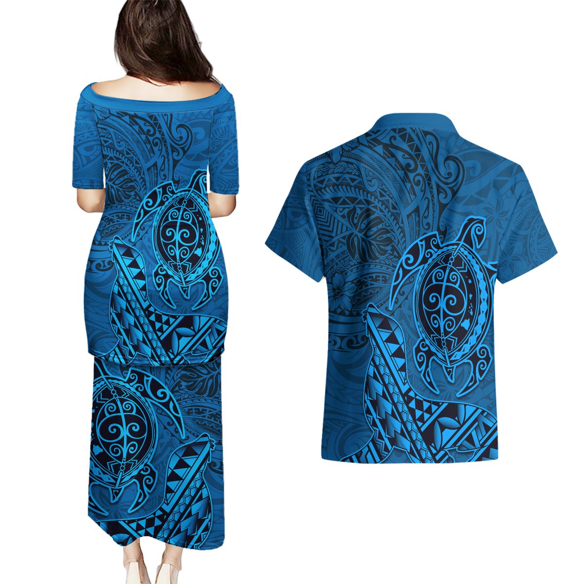 Hawaii Monk Seal and Dolphin Couples Matching Puletasi and Hawaiian Shirt Polynesian Kakau Pattern Blue LT03 - Polynesian Pride