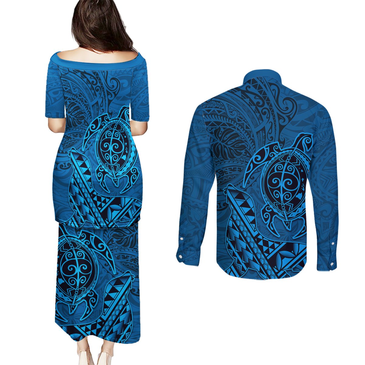 Hawaii Monk Seal and Dolphin Couples Matching Puletasi and Long Sleeve Button Shirt Polynesian Kakau Pattern Blue LT03 - Polynesian Pride