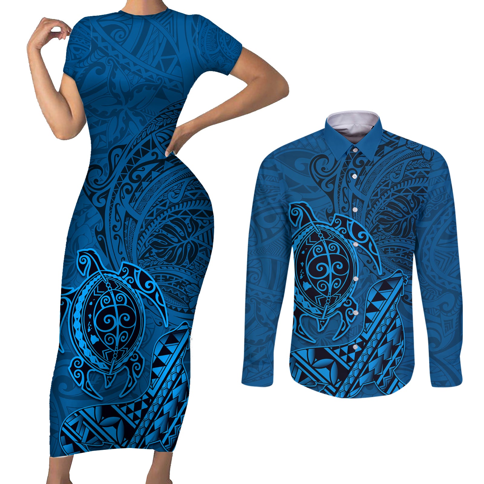 Hawaii Monk Seal and Dolphin Couples Matching Short Sleeve Bodycon Dress and Long Sleeve Button Shirt Polynesian Kakau Pattern Blue LT03 Blue - Polynesian Pride