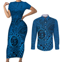 Hawaii Monk Seal and Dolphin Couples Matching Short Sleeve Bodycon Dress and Long Sleeve Button Shirt Polynesian Kakau Pattern Blue LT03 Blue - Polynesian Pride
