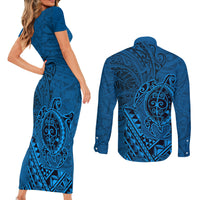 Hawaii Monk Seal and Dolphin Couples Matching Short Sleeve Bodycon Dress and Long Sleeve Button Shirt Polynesian Kakau Pattern Blue LT03 - Polynesian Pride