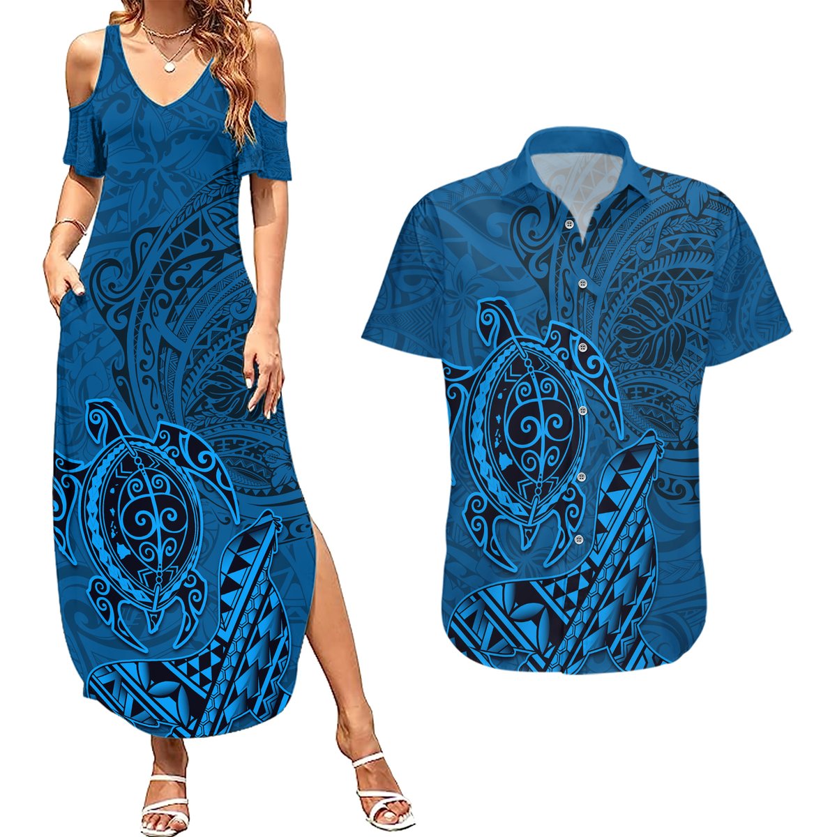 Hawaii Monk Seal and Dolphin Couples Matching Summer Maxi Dress and Hawaiian Shirt Polynesian Kakau Pattern Blue LT03 Blue - Polynesian Pride