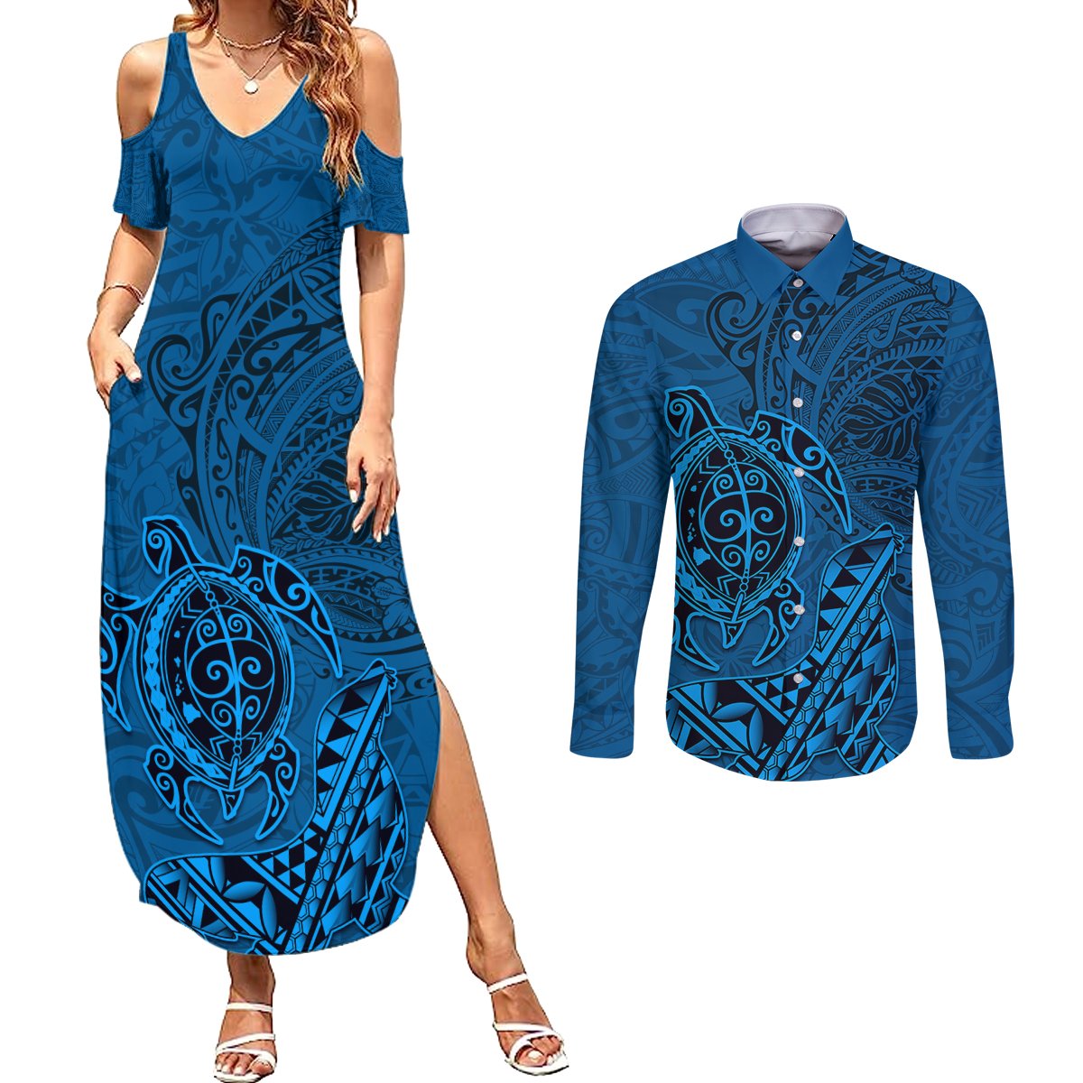 Hawaii Monk Seal and Dolphin Couples Matching Summer Maxi Dress and Long Sleeve Button Shirt Polynesian Kakau Pattern Blue LT03 Blue - Polynesian Pride