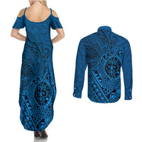 Hawaii Monk Seal and Dolphin Couples Matching Summer Maxi Dress and Long Sleeve Button Shirt Polynesian Kakau Pattern Blue LT03 - Polynesian Pride