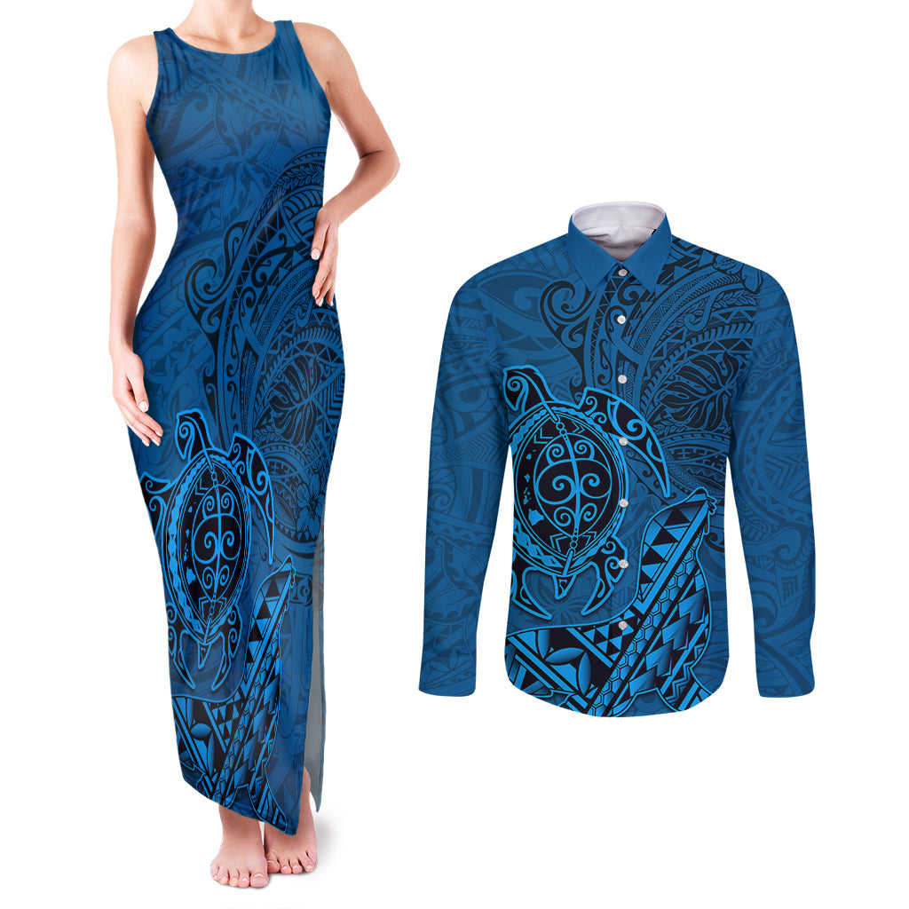 Hawaii Monk Seal and Dolphin Couples Matching Tank Maxi Dress and Long Sleeve Button Shirt Polynesian Kakau Pattern Blue LT03 Blue - Polynesian Pride
