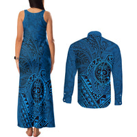 Hawaii Monk Seal and Dolphin Couples Matching Tank Maxi Dress and Long Sleeve Button Shirt Polynesian Kakau Pattern Blue LT03 - Polynesian Pride