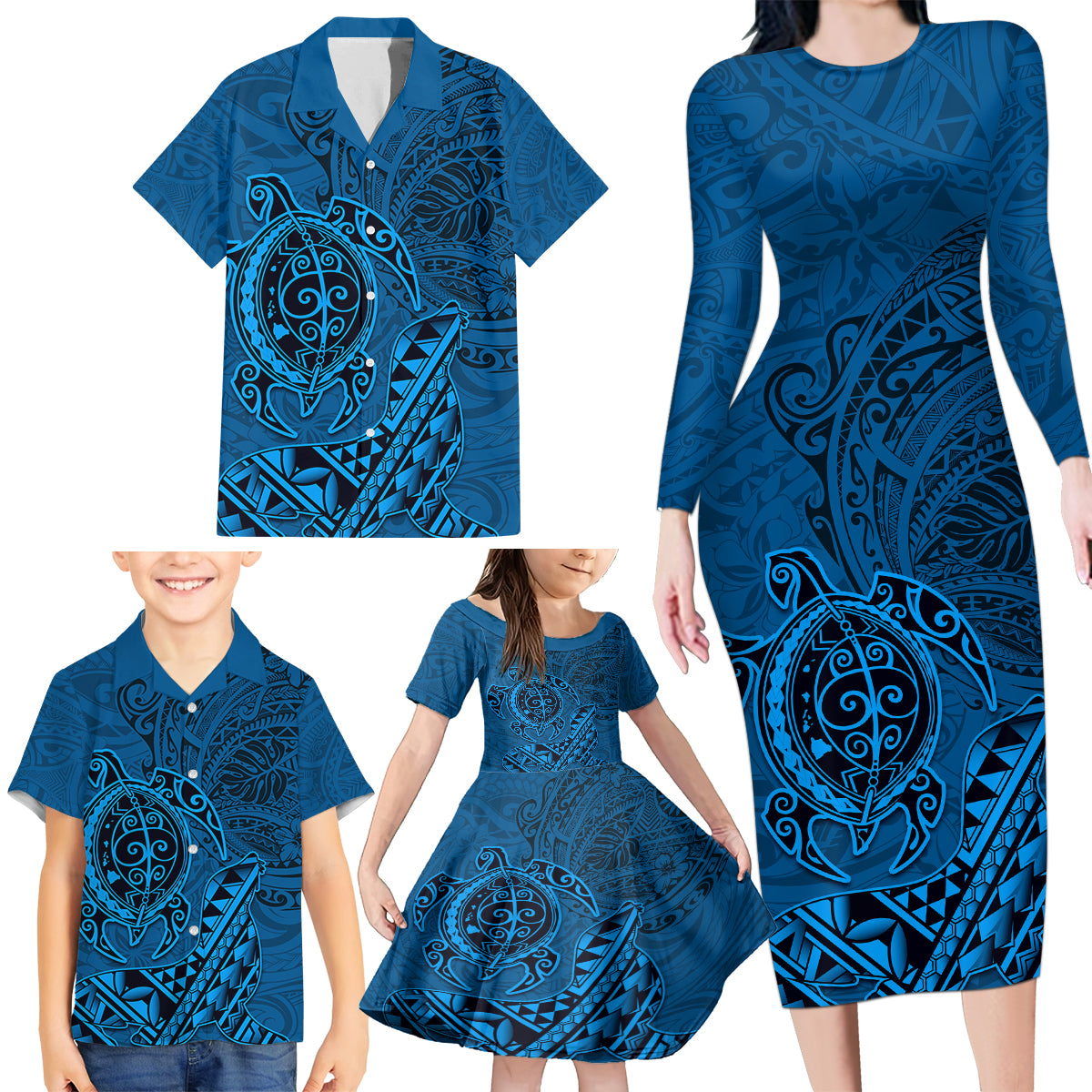 Hawaii Monk Seal and Dolphin Family Matching Long Sleeve Bodycon Dress and Hawaiian Shirt Polynesian Kakau Pattern Blue LT03 - Polynesian Pride