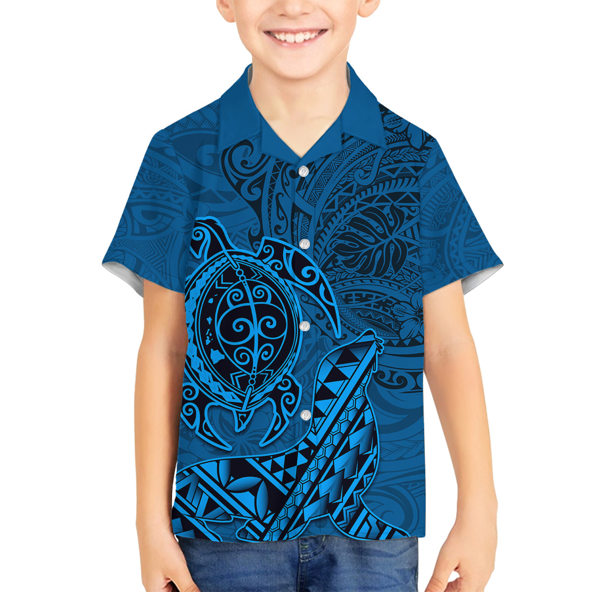 Hawaii Monk Seal and Dolphin Family Matching Long Sleeve Bodycon Dress and Hawaiian Shirt Polynesian Kakau Pattern Blue
