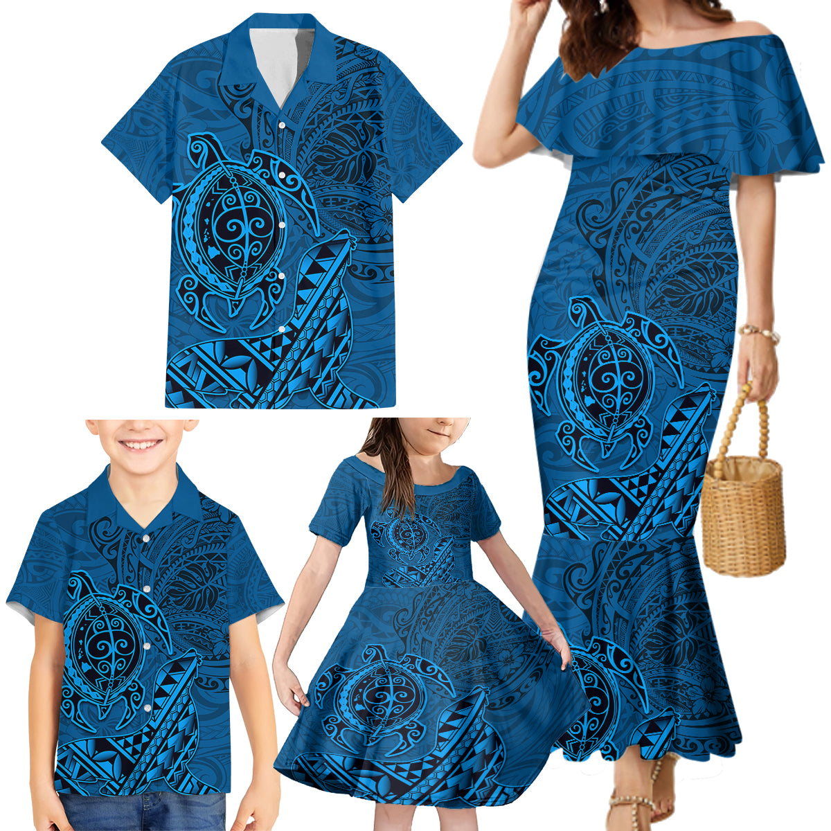 Hawaii Monk Seal and Dolphin Family Matching Mermaid Dress and Hawaiian Shirt Polynesian Kakau Pattern Blue LT03 - Polynesian Pride