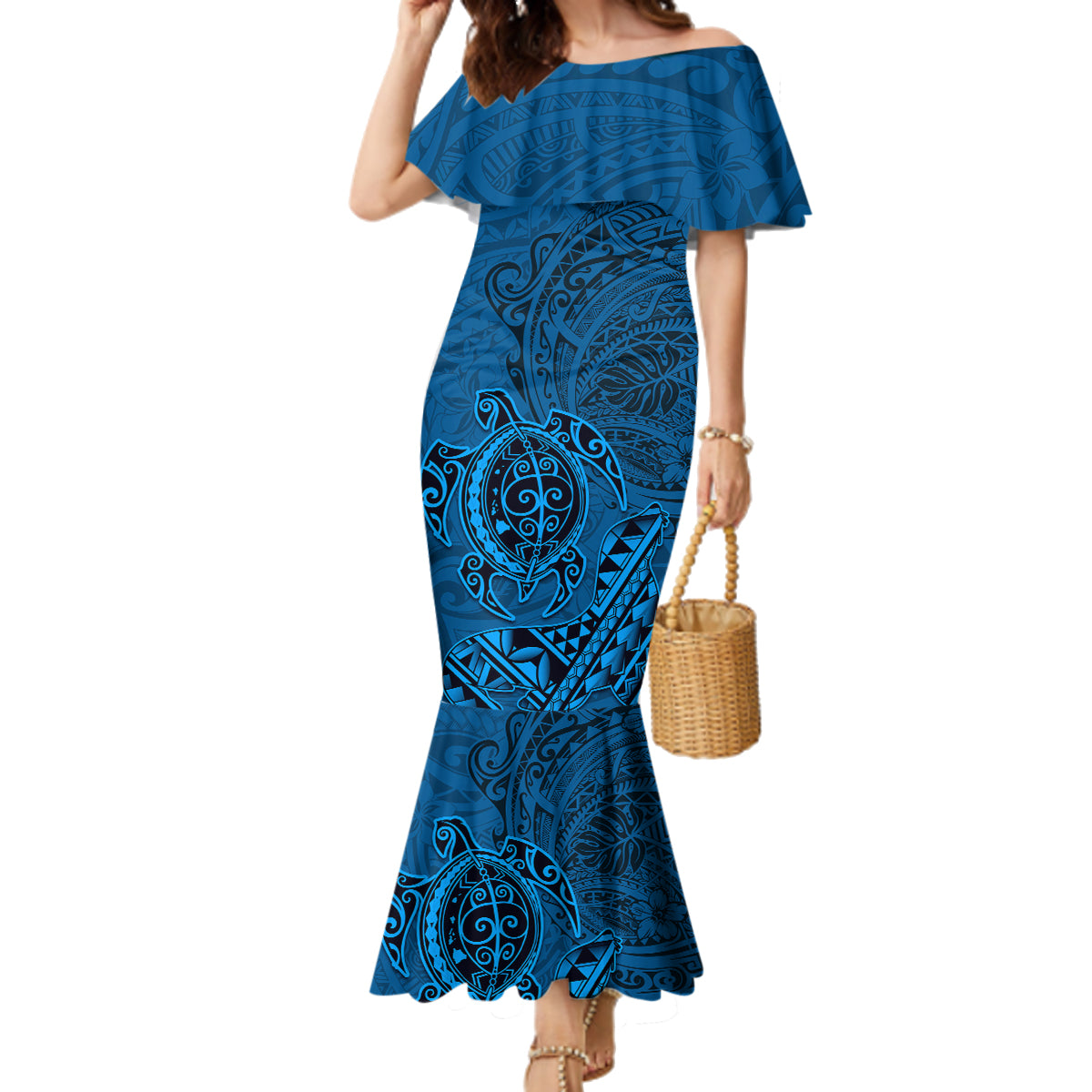 Hawaii Monk Seal and Dolphin Family Matching Mermaid Dress and Hawaiian Shirt Polynesian Kakau Pattern Blue LT03 Mom's Dress Blue - Polynesian Pride