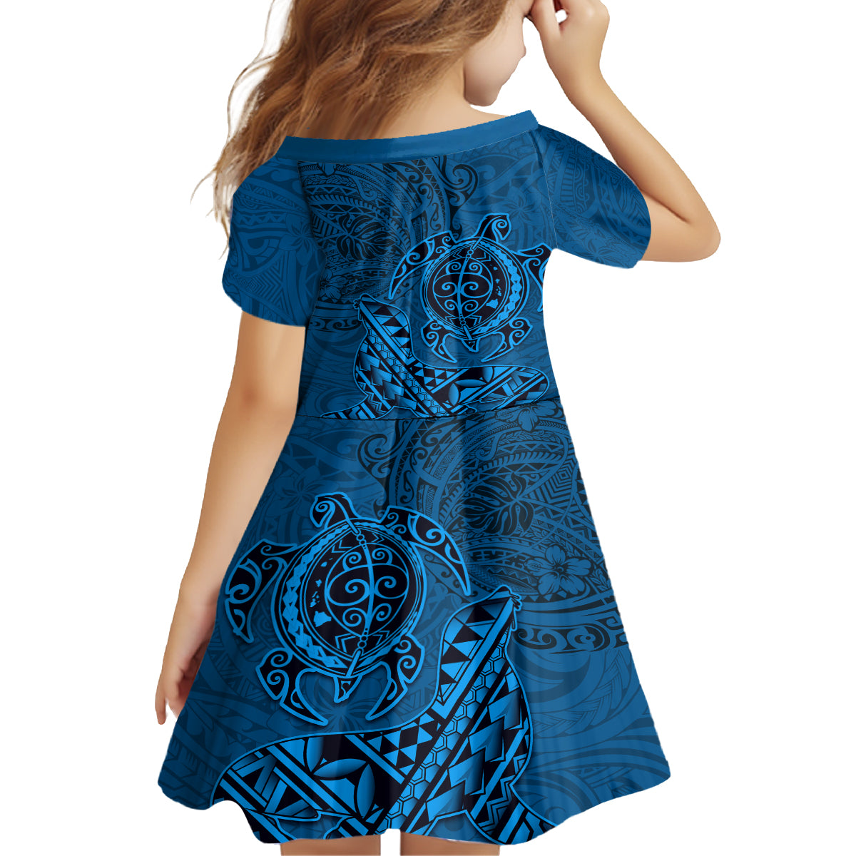 Hawaii Monk Seal and Dolphin Family Matching Off Shoulder Short Dress and Hawaiian Shirt Polynesian Kakau Pattern Blue LT03 - Polynesian Pride