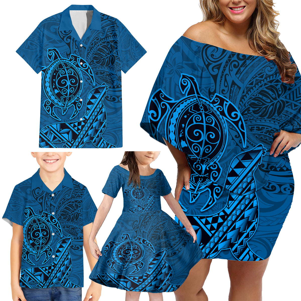 Hawaii Monk Seal and Dolphin Family Matching Off Shoulder Short Dress and Hawaiian Shirt Polynesian Kakau Pattern Blue