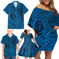 Hawaii Monk Seal and Dolphin Family Matching Off Shoulder Short Dress and Hawaiian Shirt Polynesian Kakau Pattern Blue LT03 - Polynesian Pride