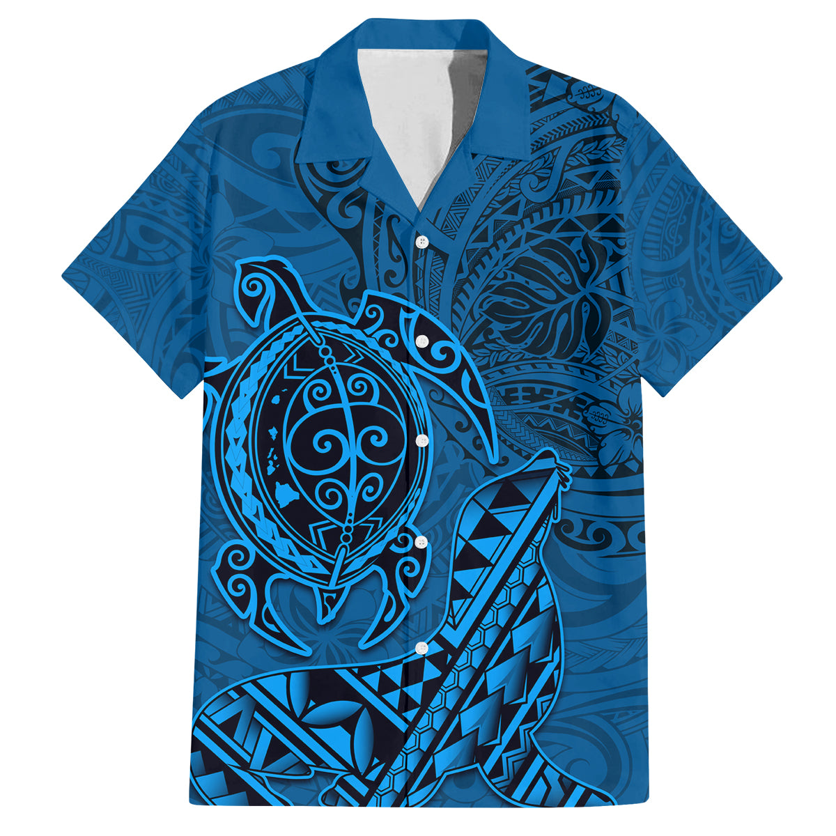 Hawaii Monk Seal and Dolphin Family Matching Off Shoulder Short Dress and Hawaiian Shirt Polynesian Kakau Pattern Blue LT03 Dad's Shirt - Short Sleeve Blue - Polynesian Pride