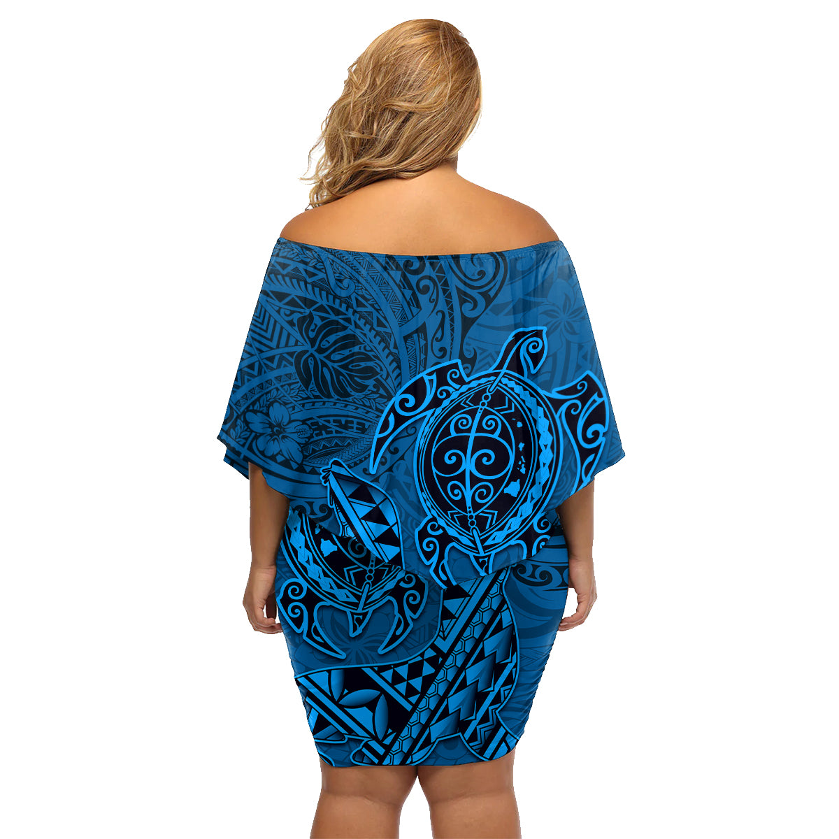 Hawaii Monk Seal and Dolphin Family Matching Off Shoulder Short Dress and Hawaiian Shirt Polynesian Kakau Pattern Blue LT03 - Polynesian Pride