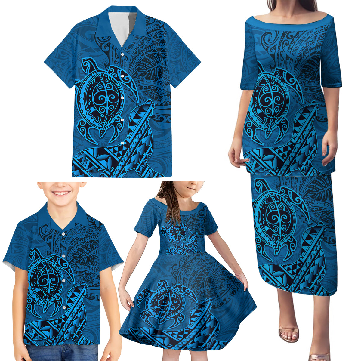 Hawaii Monk Seal and Dolphin Family Matching Puletasi and Hawaiian Shirt Polynesian Kakau Pattern Blue