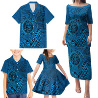 Hawaii Monk Seal and Dolphin Family Matching Puletasi and Hawaiian Shirt Polynesian Kakau Pattern Blue LT03 - Polynesian Pride