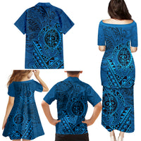 Hawaii Monk Seal and Dolphin Family Matching Puletasi and Hawaiian Shirt Polynesian Kakau Pattern Blue LT03 - Polynesian Pride