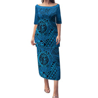 Hawaii Monk Seal and Dolphin Family Matching Puletasi and Hawaiian Shirt Polynesian Kakau Pattern Blue LT03 Mom's Dress Blue - Polynesian Pride