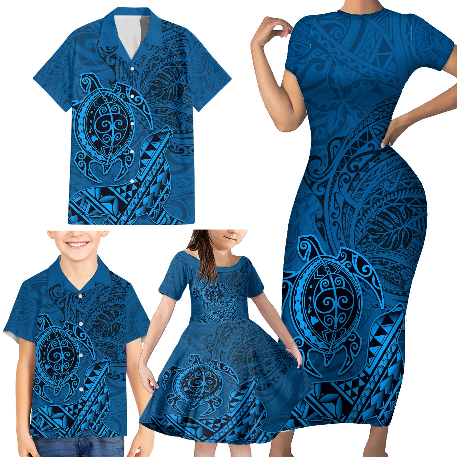 Hawaii Monk Seal and Dolphin Family Matching Short Sleeve Bodycon Dress and Hawaiian Shirt Polynesian Kakau Pattern Blue LT03 - Polynesian Pride