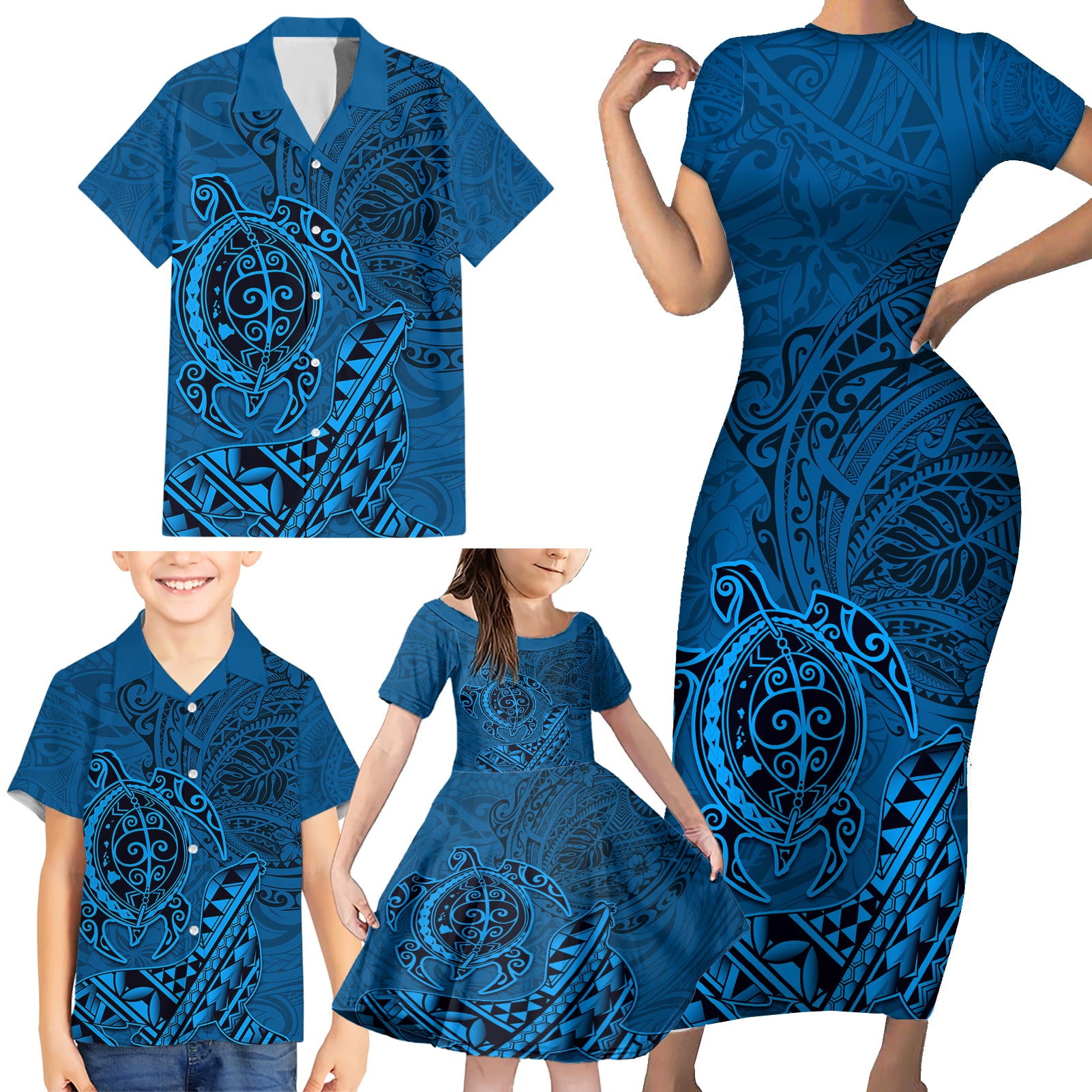 Hawaii Monk Seal and Dolphin Family Matching Short Sleeve Bodycon Dress and Hawaiian Shirt Polynesian Kakau Pattern Blue