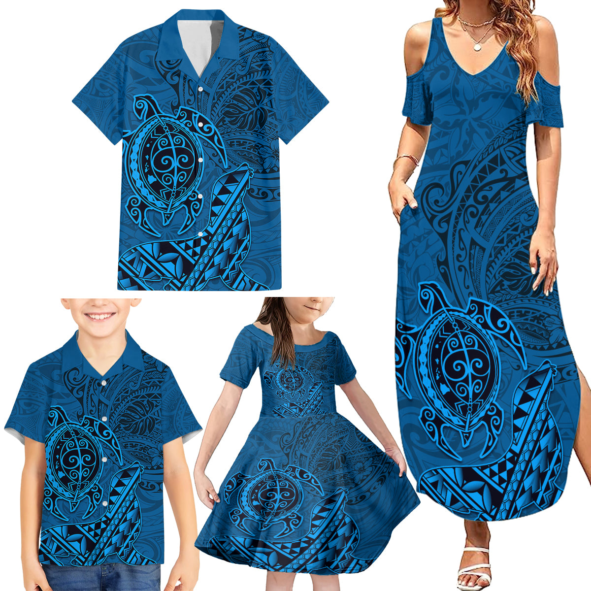 Hawaii Monk Seal and Dolphin Family Matching Summer Maxi Dress and Hawaiian Shirt Polynesian Kakau Pattern Blue LT03 - Polynesian Pride