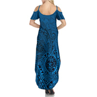 Hawaii Monk Seal and Dolphin Family Matching Summer Maxi Dress and Hawaiian Shirt Polynesian Kakau Pattern Blue