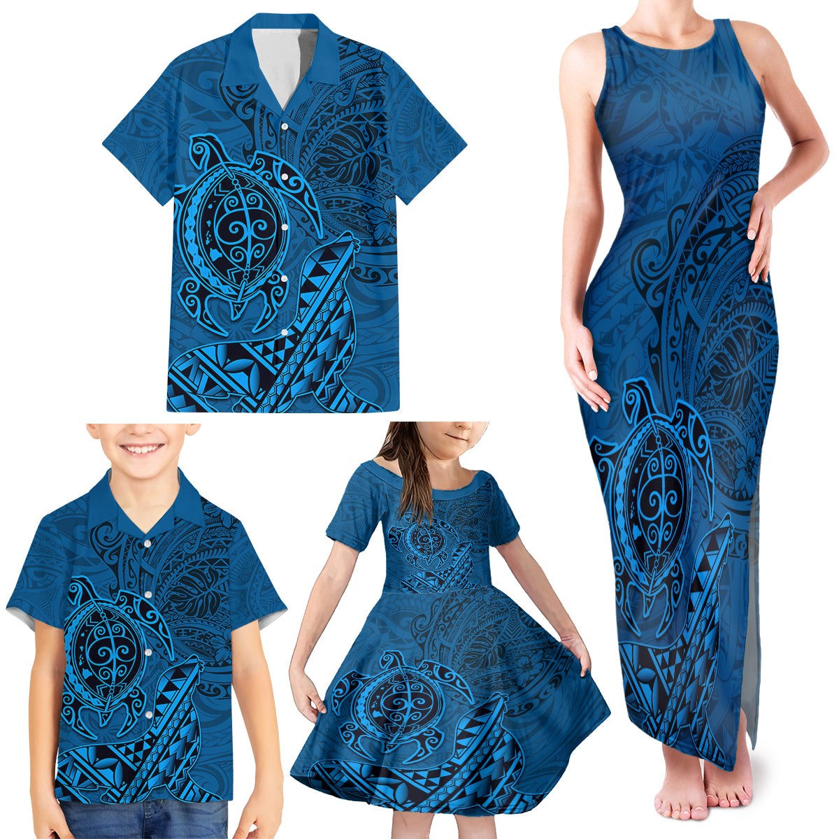 Hawaii Monk Seal and Dolphin Family Matching Tank Maxi Dress and Hawaiian Shirt Polynesian Kakau Pattern Blue LT03 - Polynesian Pride