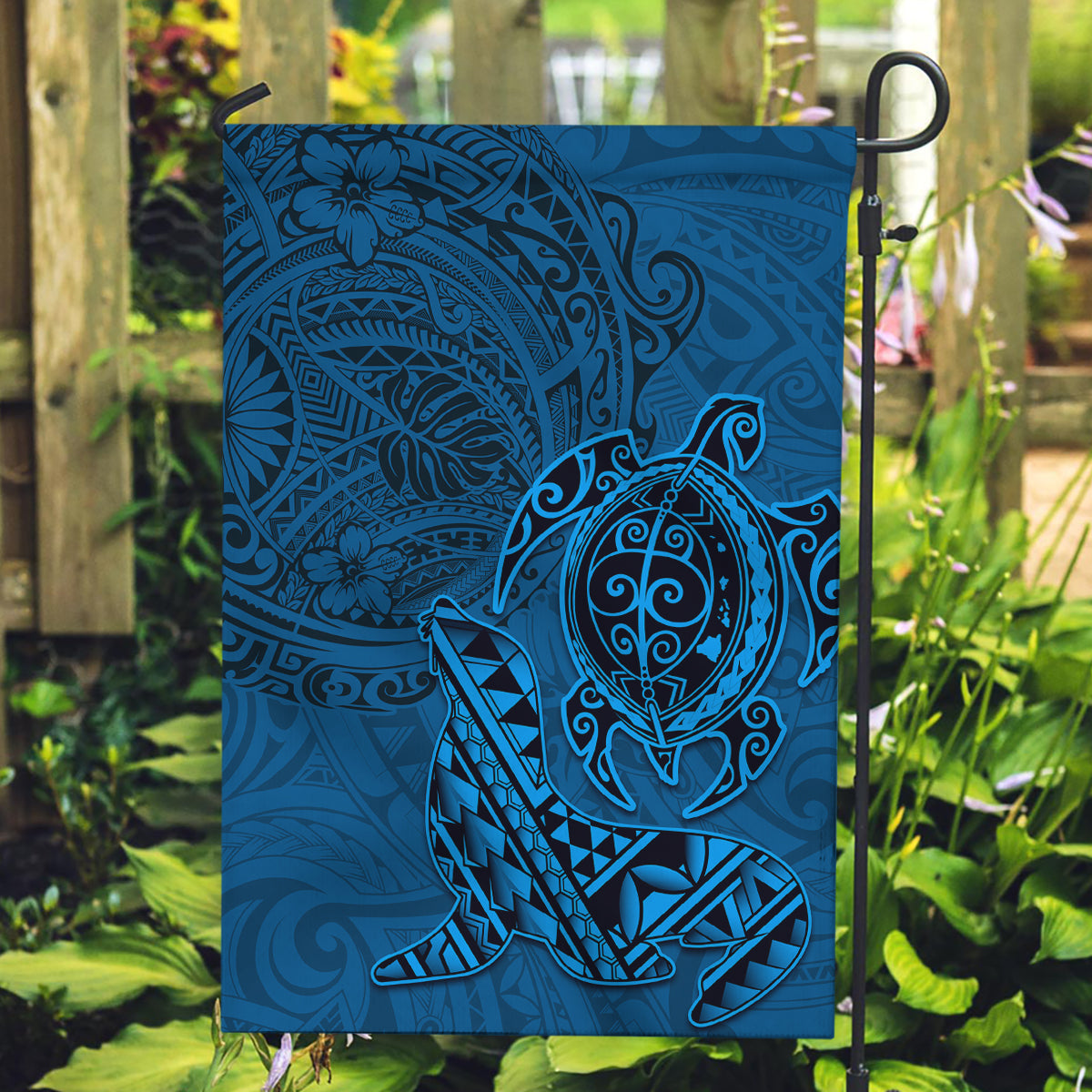 Hawaii Monk Seal and Dolphin Garden Flag Polynesian Kakau Pattern Blue LT03 Garden Flag Blue - Polynesian Pride
