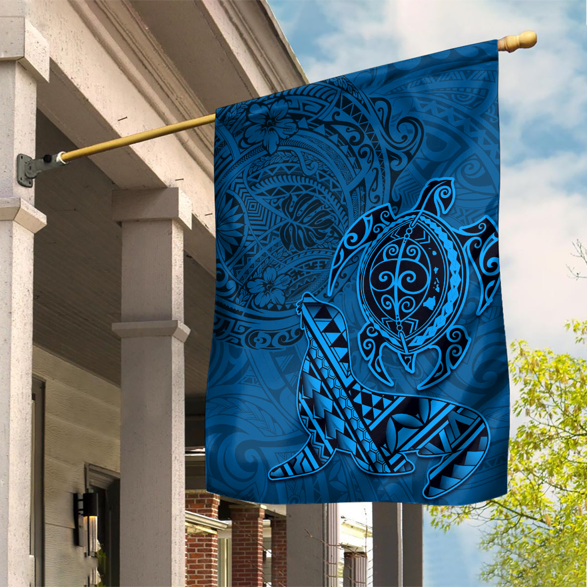 Hawaii Monk Seal and Dolphin Garden Flag Polynesian Kakau Pattern Blue LT03 House Flag Blue - Polynesian Pride