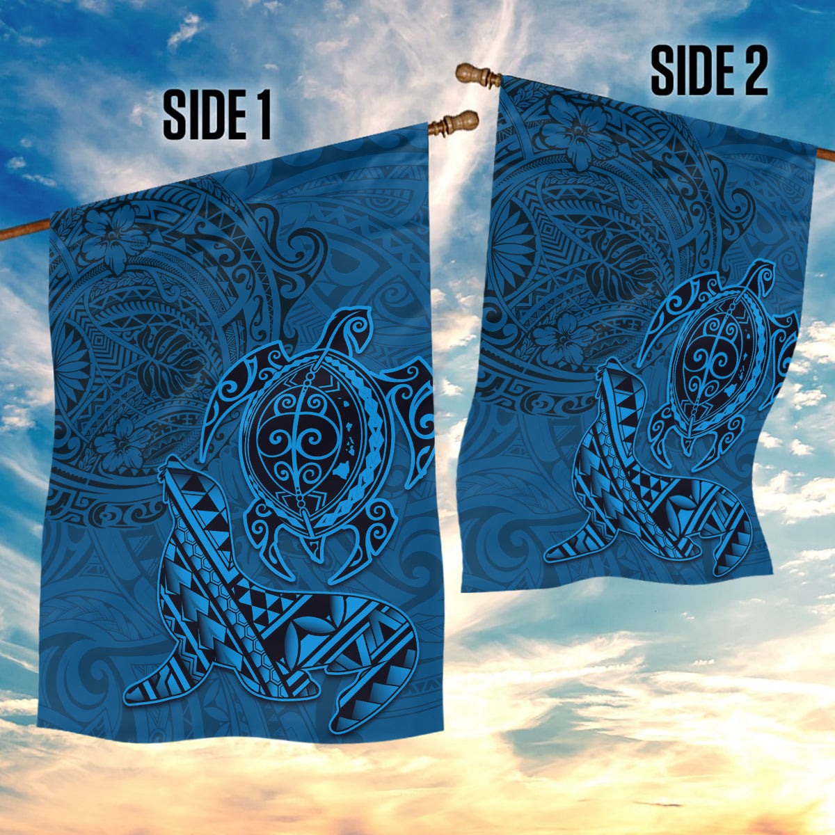 Hawaii Monk Seal and Dolphin Garden Flag Polynesian Kakau Pattern Blue LT03 - Polynesian Pride