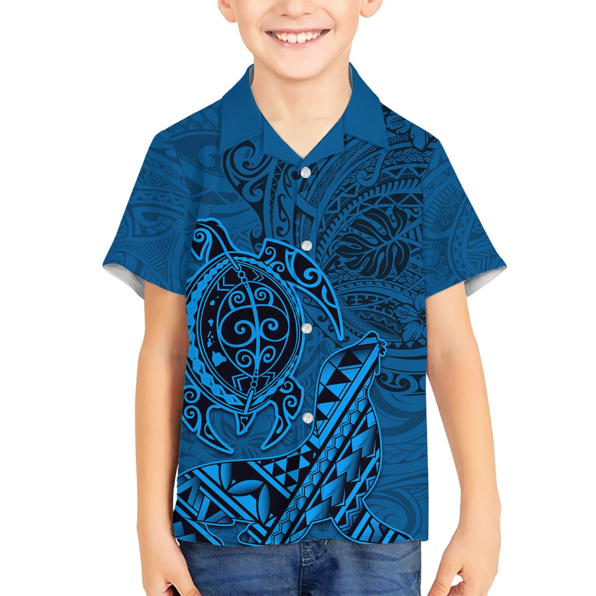 Hawaii Monk Seal and Dolphin Hawaiian Shirt Polynesian Kakau Pattern Blue LT03 - Polynesian Pride