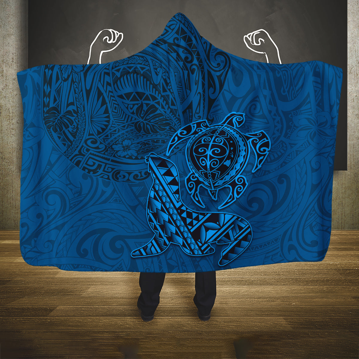 Hawaii Monk Seal and Dolphin Hooded Blanket Polynesian Kakau Pattern Blue