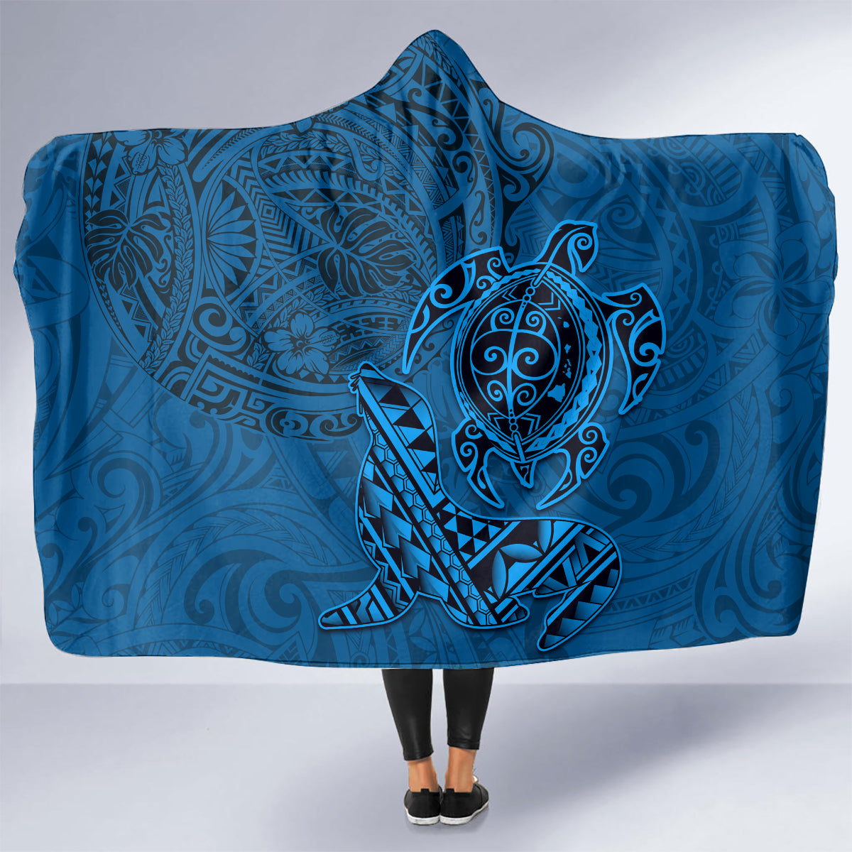 Hawaii Monk Seal and Dolphin Hooded Blanket Polynesian Kakau Pattern Blue LT03 - Polynesian Pride