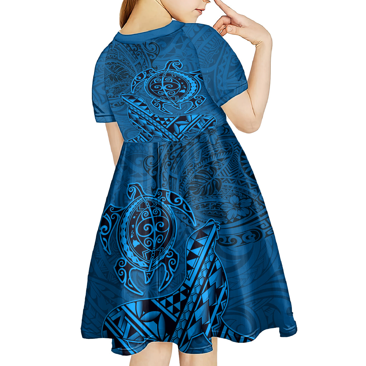 Hawaii Monk Seal and Dolphin Kid Short Sleeve Dress Polynesian Kakau Pattern Blue