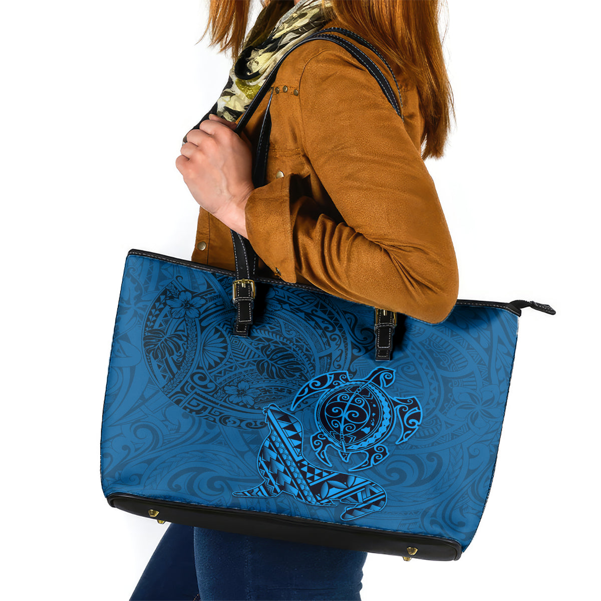 Hawaii Monk Seal and Dolphin Leather Tote Bag Polynesian Kakau Pattern Blue LT03 Blue - Polynesian Pride