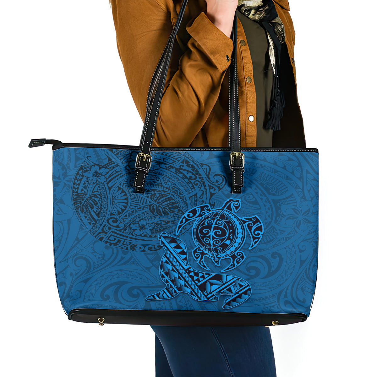 Hawaii Monk Seal and Dolphin Leather Tote Bag Polynesian Kakau Pattern Blue LT03 - Polynesian Pride