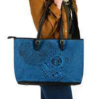 Hawaii Monk Seal and Dolphin Leather Tote Bag Polynesian Kakau Pattern Blue LT03 - Polynesian Pride