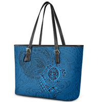 Hawaii Monk Seal and Dolphin Leather Tote Bag Polynesian Kakau Pattern Blue LT03 - Polynesian Pride
